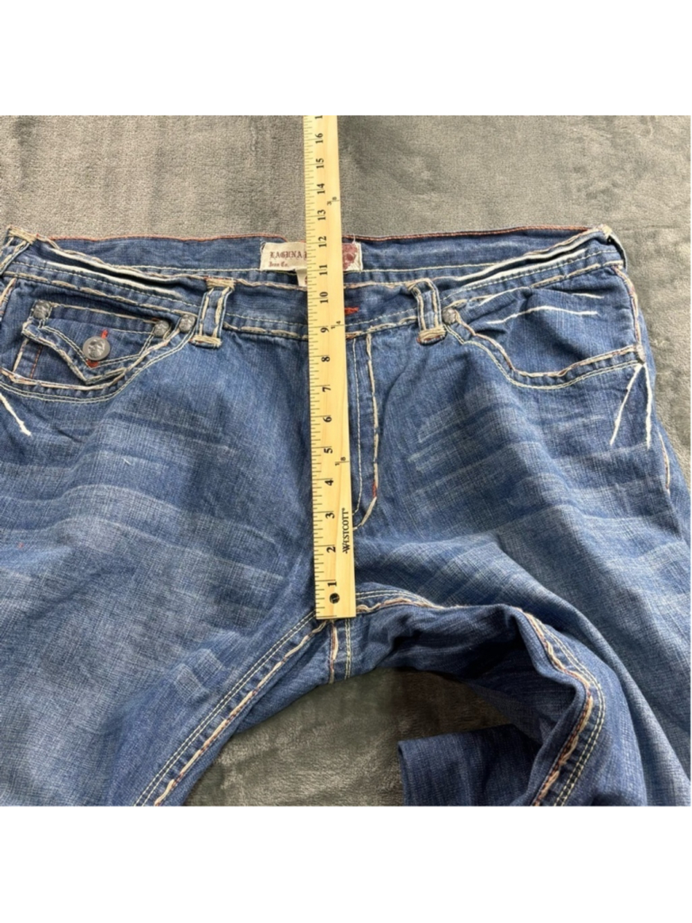 VTG Laguna Beach Jeans Men 40 Y2K Wide Leg White Stitch Streetwear Skull Blue - Picture 7 of 11